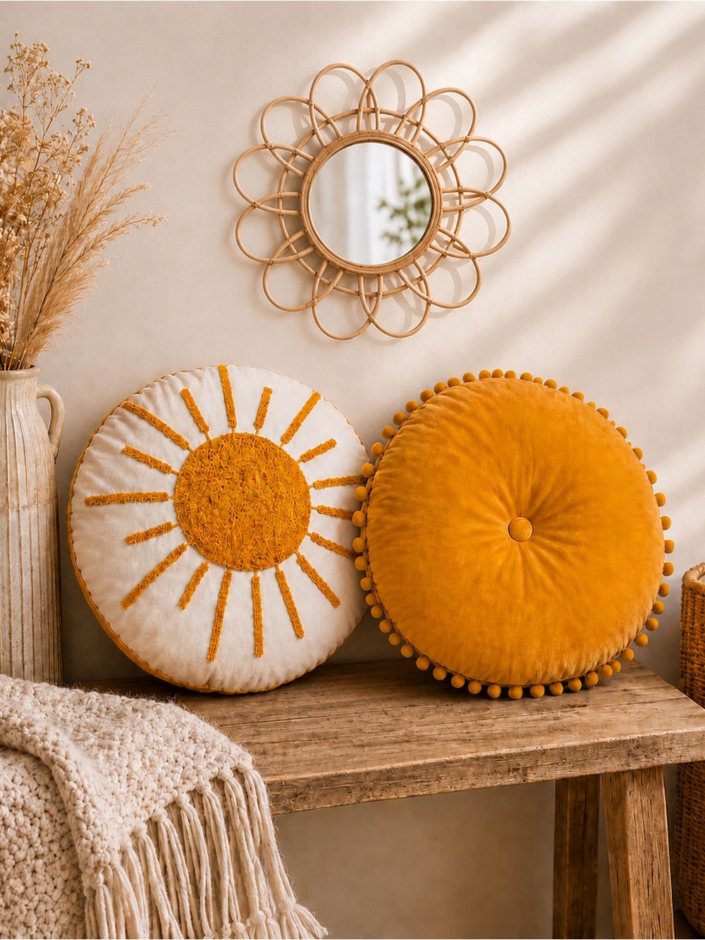 Boho Sunburst Round Yellow Pillows Wall Flower Mirror in Natural Rattan